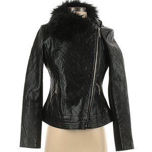 IMAN 100% Leather Solid Black jacket faux fur trim, Size XS NWT